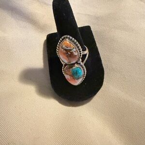 Large .925 Sterling Silver Turqoise and Spiny Oyster  Ring.